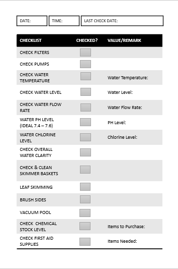 Daily Pool Maintenance Log Book